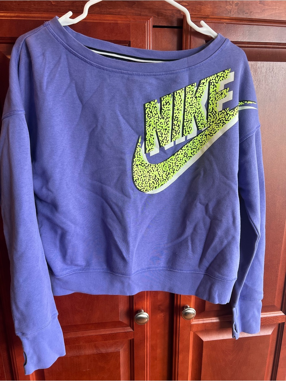 Nike Purple Sweatshirt with Neon Yellow Graphic and Red Tag